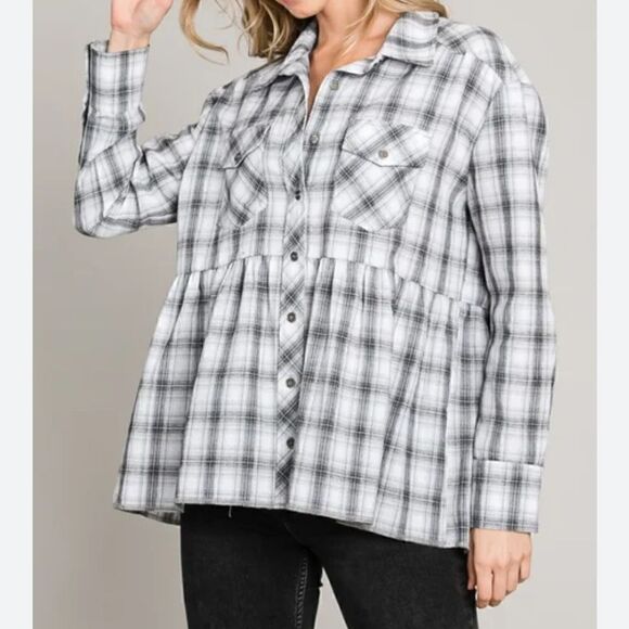 Heyson Tops - Heyson Peplum Button Down Shirt Jacket White Gray Plaid size Small